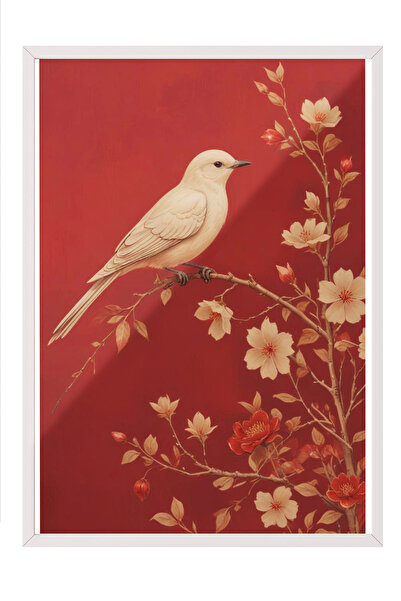 Zestia Tablou înrămat alb, model cu păsări și flori, fundal roșu, poster în s...