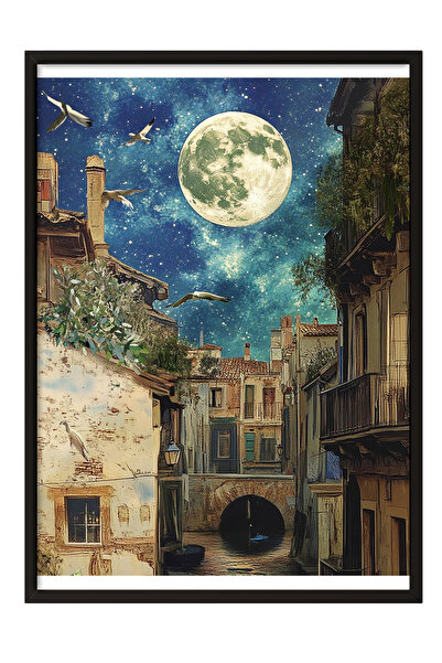 Zestia Tablou înrămat negru, Lumină de lună și case vechi, Poster compoziție ...