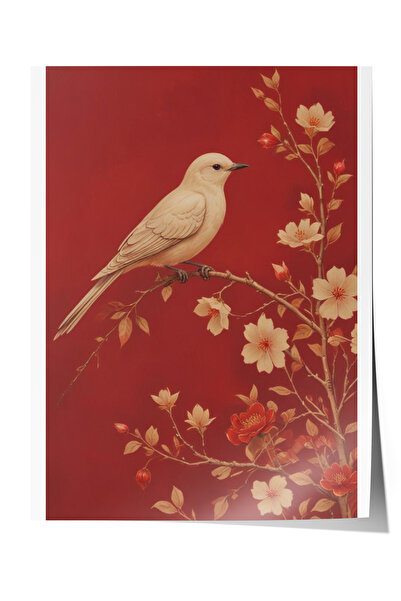 Zestia Poster bez okvira, uzorak ptica i cveća, crvena pozadina, poster u min...