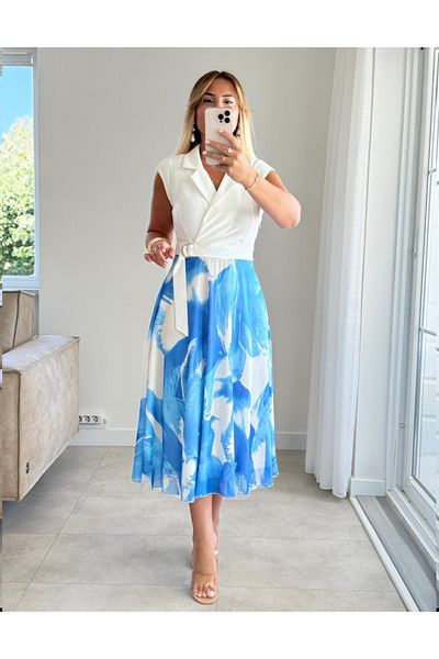 Afiş Butik Blue Double Breasted Chiffon Skirt Dress