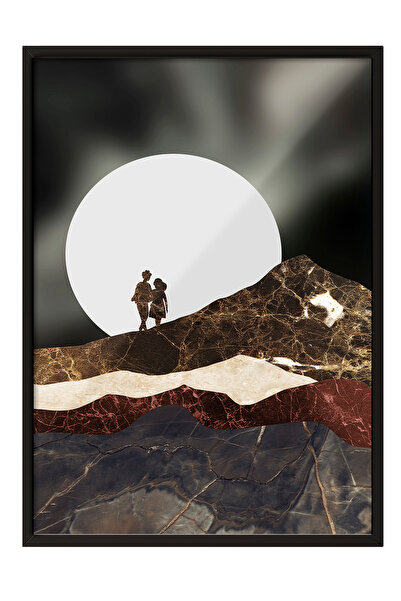 Zestia Tablou înrămat negru, Siluetă de cuplu, Fundal cu lună mare, Poster în...