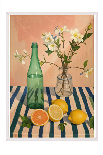 Zestia Картина с бяла рамка, стъклени бутилки, детайли с цветя и лимони, паст...