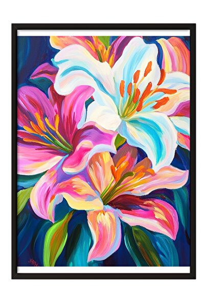 Zestia Tablou înrămat negru, flori de crin, culori vibrante, poster cu pictur...