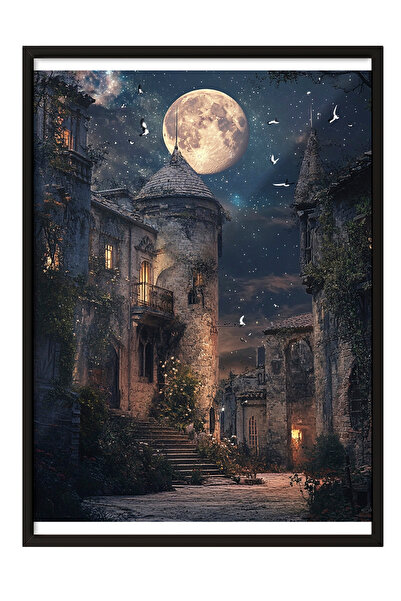 Zestia Tablou înrămat negru, Străzi ale orașului medieval, Lumină de lună și ...
