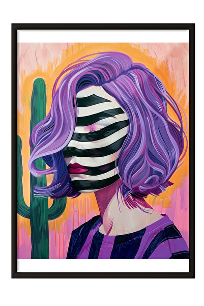 Zestia Πίνακας με μαύρο πλαίσιο, Πορτρέτο γυναίκας, Μωβ μαλλιά και πρόσωπο με...