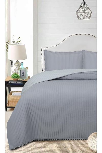 Bikaya Home طقم مفرش سرير مزدوج 3 قطع مع بوم بوم -260x240 سم