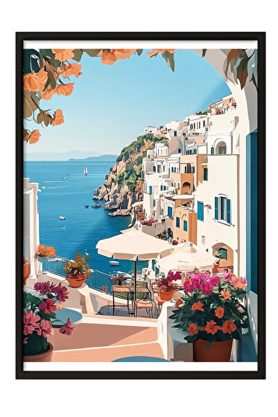 Zestia Tablou înrămat negru, peisaj mediteranean, case albe și mare, poster c...