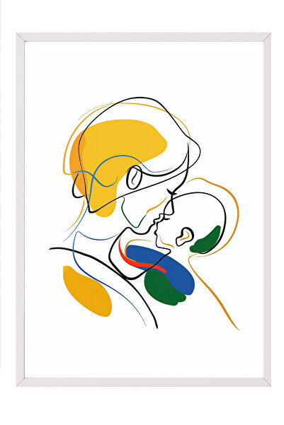 Zestia Tablou înrămat alb, Mamă și copil, Stil minimalist cu linii, Poster co...