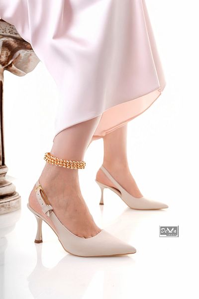 Demashoes Beige Skin Matte Pointed Toe Open Back Buckle Heel 7 cm