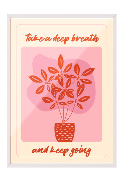 Zestia Tablou înrămat alb, plantă în ghiveci cu textul „Respiră adânc”, tipog...