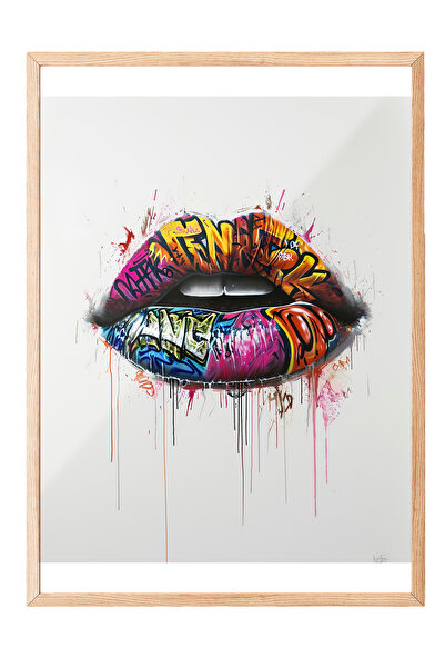 Zestia Tablou cu ramă din lemn, Buze cu graffiti, Efect de text colorat, Post...