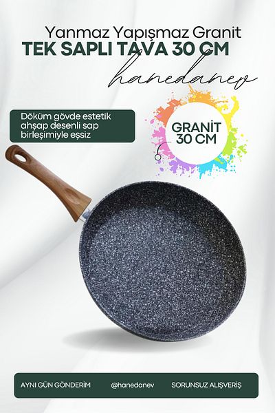 Hanedanev Single Handle Pan 30 cm Granite Single Handle Pan 4 mm Thickness Granite Fireproof Non-Stick