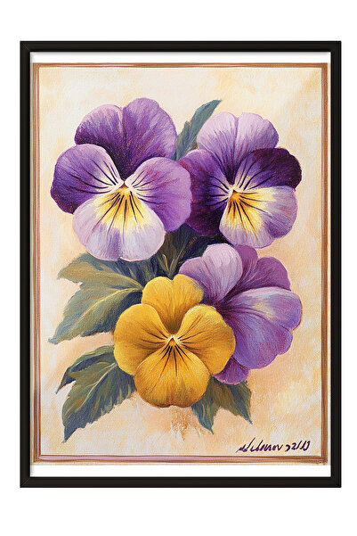 Zestia Картина с черна рамка, жълто и лилаво-виолетово, ботаническа илюстраци...