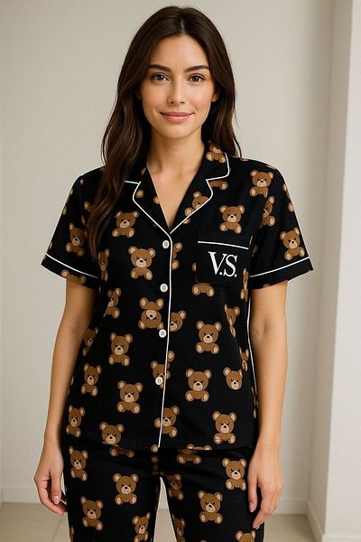 FENZO Cotton Viscose Women's Teddy Bear Pajamas Set Short Sleeve Top Long Sleepwear Bottom Casual Homewear