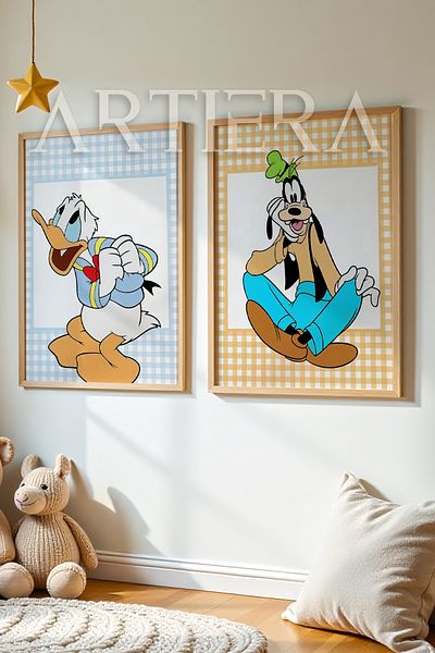 HİGUERA Donald și Goofy Pictură de perete pentru camera bebelușului și camera copiilor cu cadru din lemn