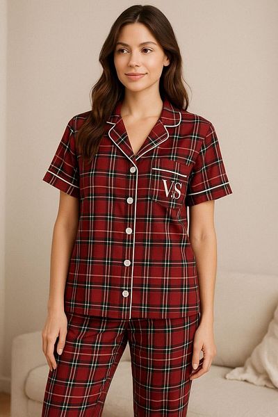 FENZO Women's 2-Piece Check Cotton Viscose Shorts Pajamas Set Short Sleeve Top Short Shorts Bottom Comfortable Homewear