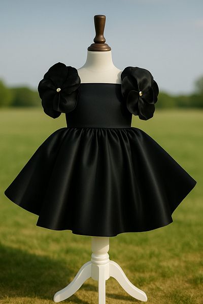 MUSGEM Special Design Black Flower Detailed Satin Girl's Evening Dress