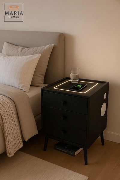 POWEREX Tall Smart Nightstand with 3 Drawers, Wireless Charging, USB Ports, LED Light & Speaker 59x46cm