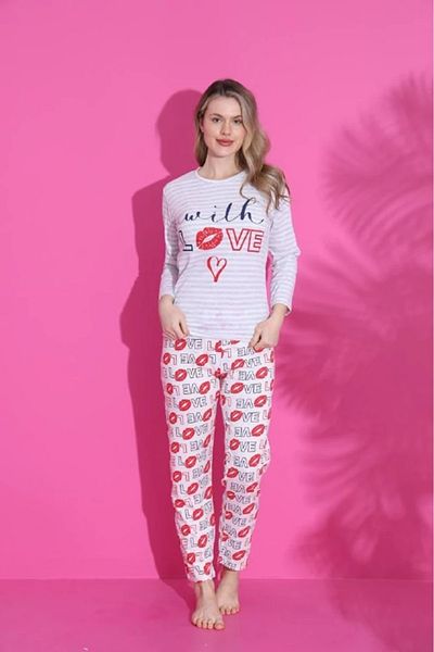 Yağmur Giyim MLALE Milk Love Patterned Suprem Fabric Long Sleeve Pajama Set 1523-K