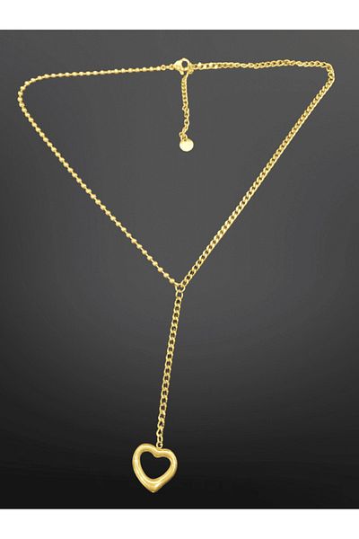 FM Gold Color Stylish Y-Chain Lariat Model 316L Steel Necklace - Modern Design with Heart Detail