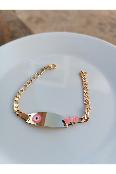 Blotch Name Writable Pink Evil Eye Bead Dragonfly Detailed Antiallergic Children's Steel Bracelet Imprint