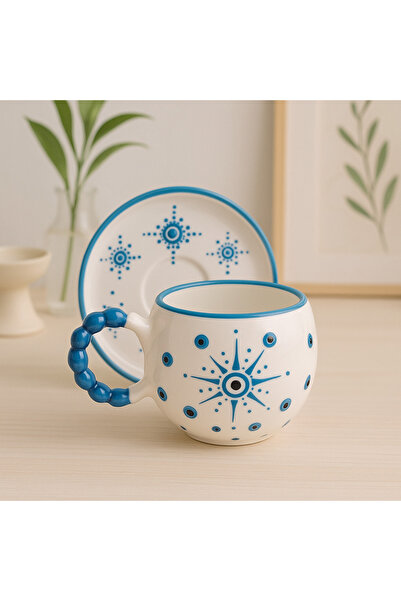 SırART İnci Kulp TABAKLI Yıldız Nazar Desenli Özel Kabartmalı El İşlemeli Seramik Çay Fincanı