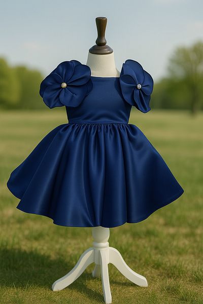 MUSGEM Special Design Navy Blue Flower Detailed Satin Girl's Evening Dress