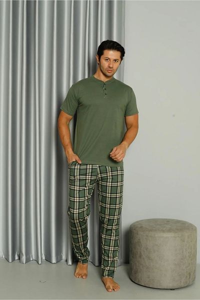 Yağmur Giyim Işilay Green Front 3 Buttons Plaid Pajamas Short Sleeve Men's Pajama Set 19041-Y