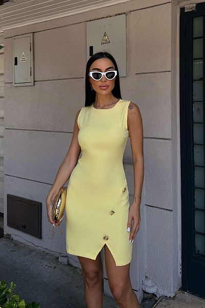 bacc Yellow Strap Accessory Detailed Slit Mini Dress