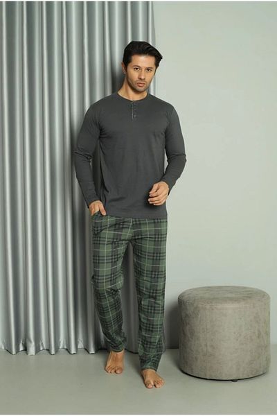 Yağmur Giyim Işilay Smoked-Green Front 3 Buttons Plaid Pajamas Summer Long Sleeve Men's Pajama Set 16586-F