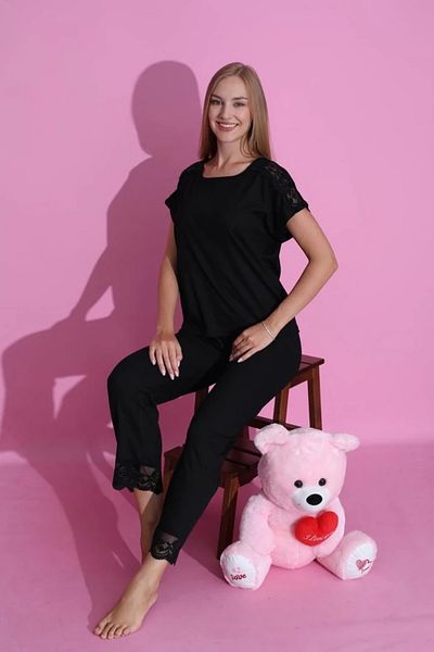 Yağmur Giyim Mlale Black Corded Thin Report Fabric Sleeve and Leg Lace Short Sleeve Pajamas Set 4060-S