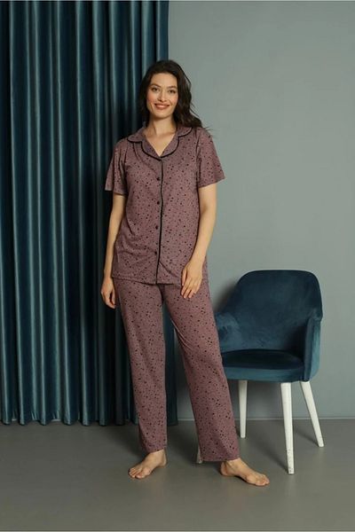 Yağmur Giyim Işilay Plum Front Button Starry Viscose Fabric Short Sleeve Pajama Set 15638-m
