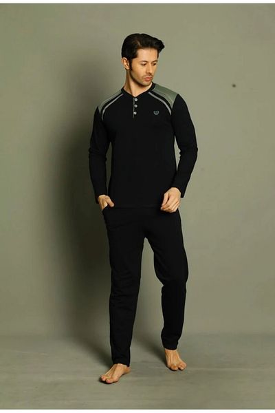 Yağmur Giyim IŞILAY Navy Blue Green Stripes Μπροστινό 3 κουμπιά καρό πιτζάμες καλοκαιρινές μακρυμάνικοι ανδρικές πιτζάμες 1