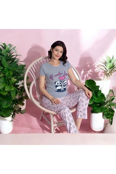 Yağmur Giyim Mlale Panda Pattern Suprem Fabric Short Sleeve Pajamas Set 3395-g