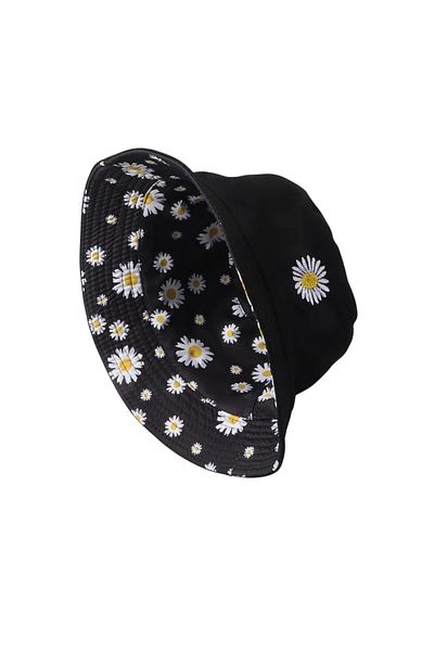 OEM 2-sided Bucket Hat, 2 in 1, Reversible Embroidered, Floral Pattern, Casual - Black