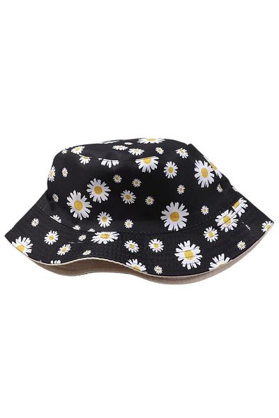 OEM Bucket Hat with 2 sides, 2 in 1, Reversible embroidered, floral pattern, casual - Cream - Black