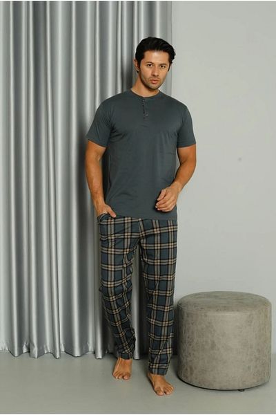 Yağmur Giyim Işilay Men's Short Sleeve Pajama Set with Smoked Front 3 Buttons Plaid Pajamas 19041-F
