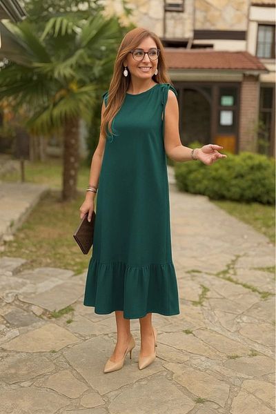 Butik Women's Gathered Off the Shoulder Boat Neck Ruffle Janjan Crepe Dress