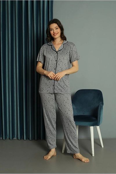 Yağmur Giyim Işilay Gray Front Button Starry Viscose Fabric Short Sleeve Pajama Set 15638-g