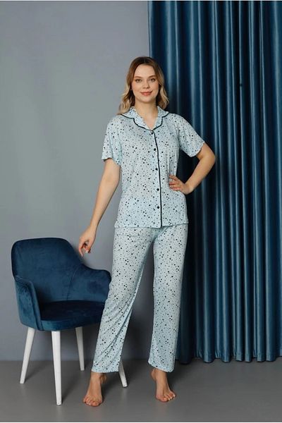 Yağmur Giyim Işilay Blue Front Button Starry Viscose Fabric Short Sleeve Pajama Set 15638-m