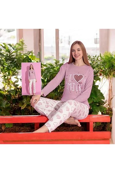 Yağmur Giyim Mlale Pink I Milk Pattern Suprem Fabric Long Sleeve Pajamas Set 1459-P