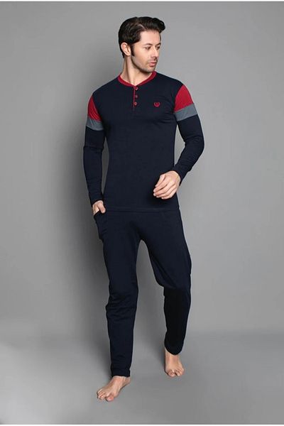 Yağmur Giyim Işilay Navy Blue-Burgundy Front 3 Buttons Summer Long Sleeve Men's Pajamas Set 16643-B