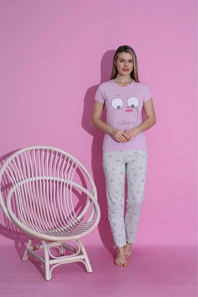 Yağmur Giyim Mlale Teddy Bear Patterned Suprem Fabric Short Sleeve Pajamas Set 3379-P
