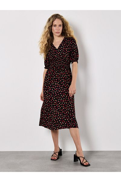 Apricot Verspieltes geblümtes Smok-Midikleid