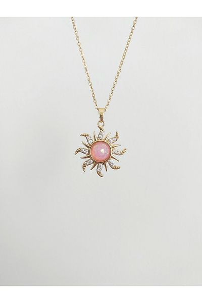 Alexis Carrel Vintage Pink Opal Stone Detailed Sun Necklace with Zircon Stone, Stainless Steel Necklace