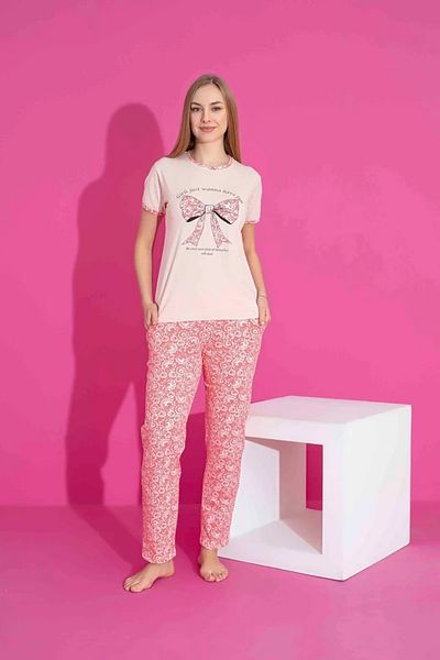 Yağmur Giyim Tarp Pink Bow Printed Mother Pajamas Set 2974-P