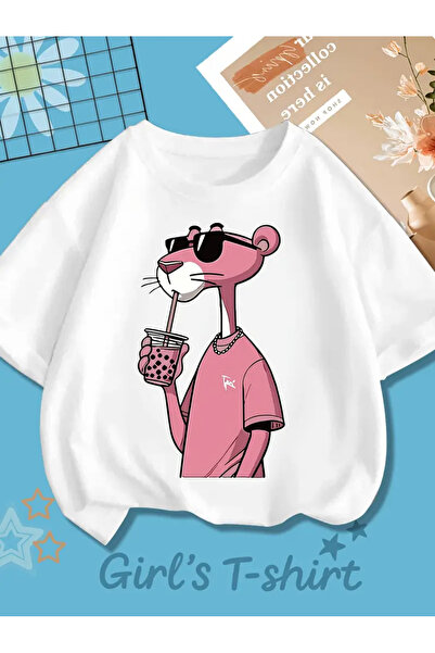 SVART WEAR Pembe Panter Kız Çocuk Baskılı %100 Pamuk Tshirt Tişört