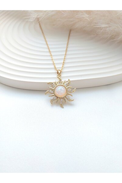 Alexis Carrel Zirkon Taşlı Vintage Beyaz Opal Taş Detaylı Güneş Kolye, Paslan...