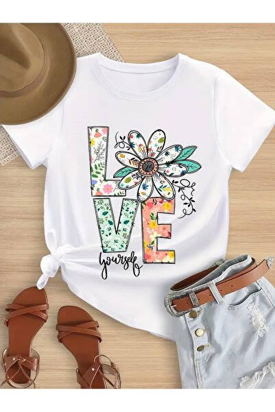 SVART WEAR تي شيرت بناتي مطبوع عليه زهور من Love Yourself مصنوع من القطن بنسب...