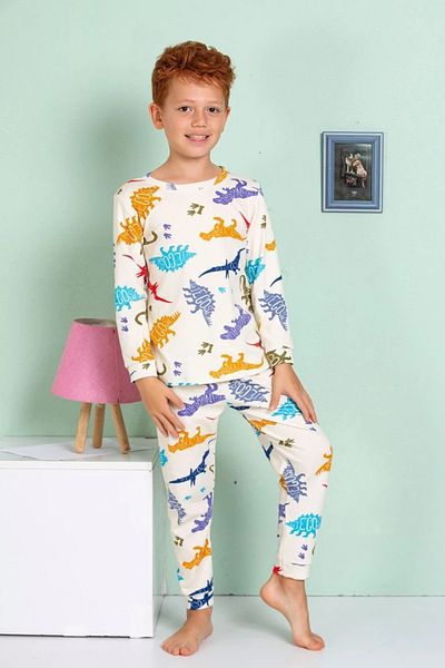 Yağmur Giyim Elmp Cream Dinosaur Pattern 100% Cotton Boy's Pajamas Set 1-13 Years 3062